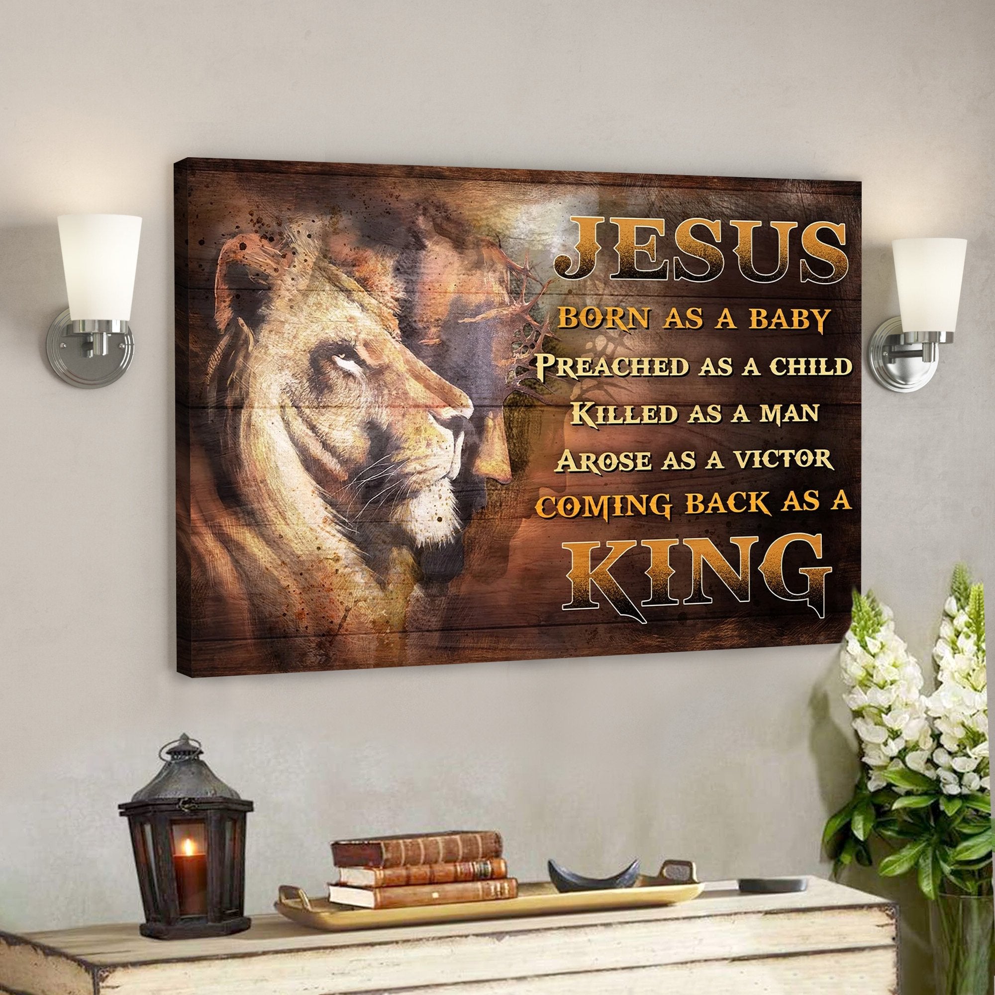 God Jesus Landscape Canvas Prints – God Wall Art – Awesome Lion – Born As A Baby, Come Back As A King