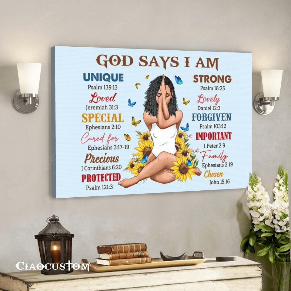 God Says I Am – Sunflowers – Jesus Canvas Wall Art – Bible Verse Canvas – Christian Canvas Wall Art