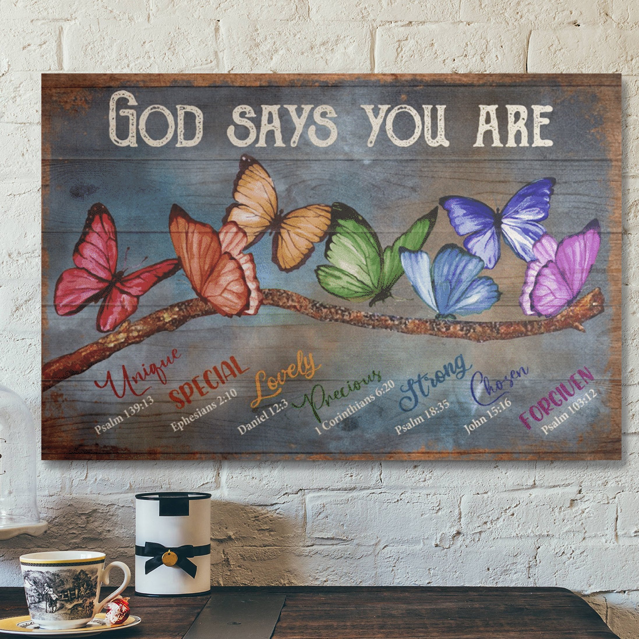 God Says You Are Amazing Butterfly Canvas Wall Art – Rustic Wood Background