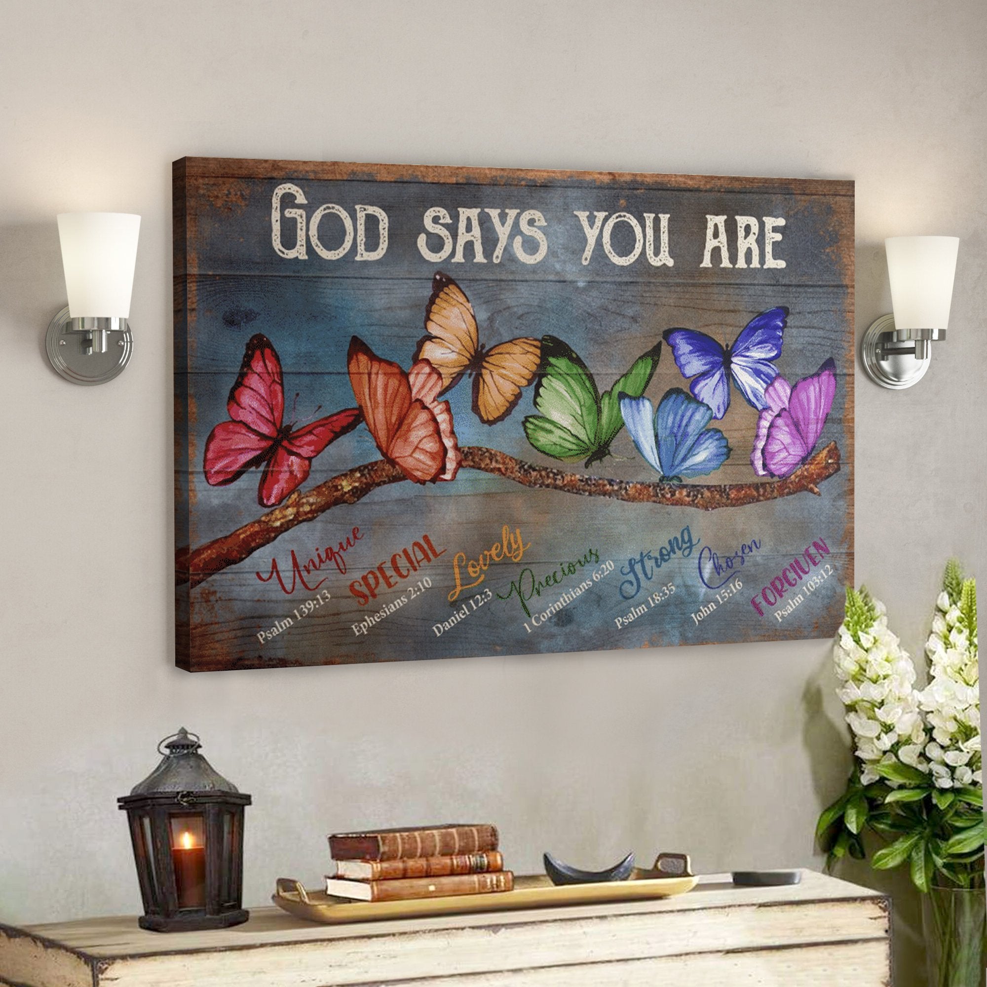 God Says You Are Amazing Butterfly Canvas Wall Art – Rustic Wood Background