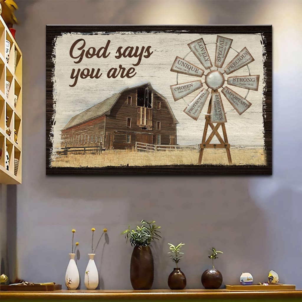 God Says You Are Canvas Wall Art, Farmhouse Windmill Christian Wall Decor – Religious Wall Decor