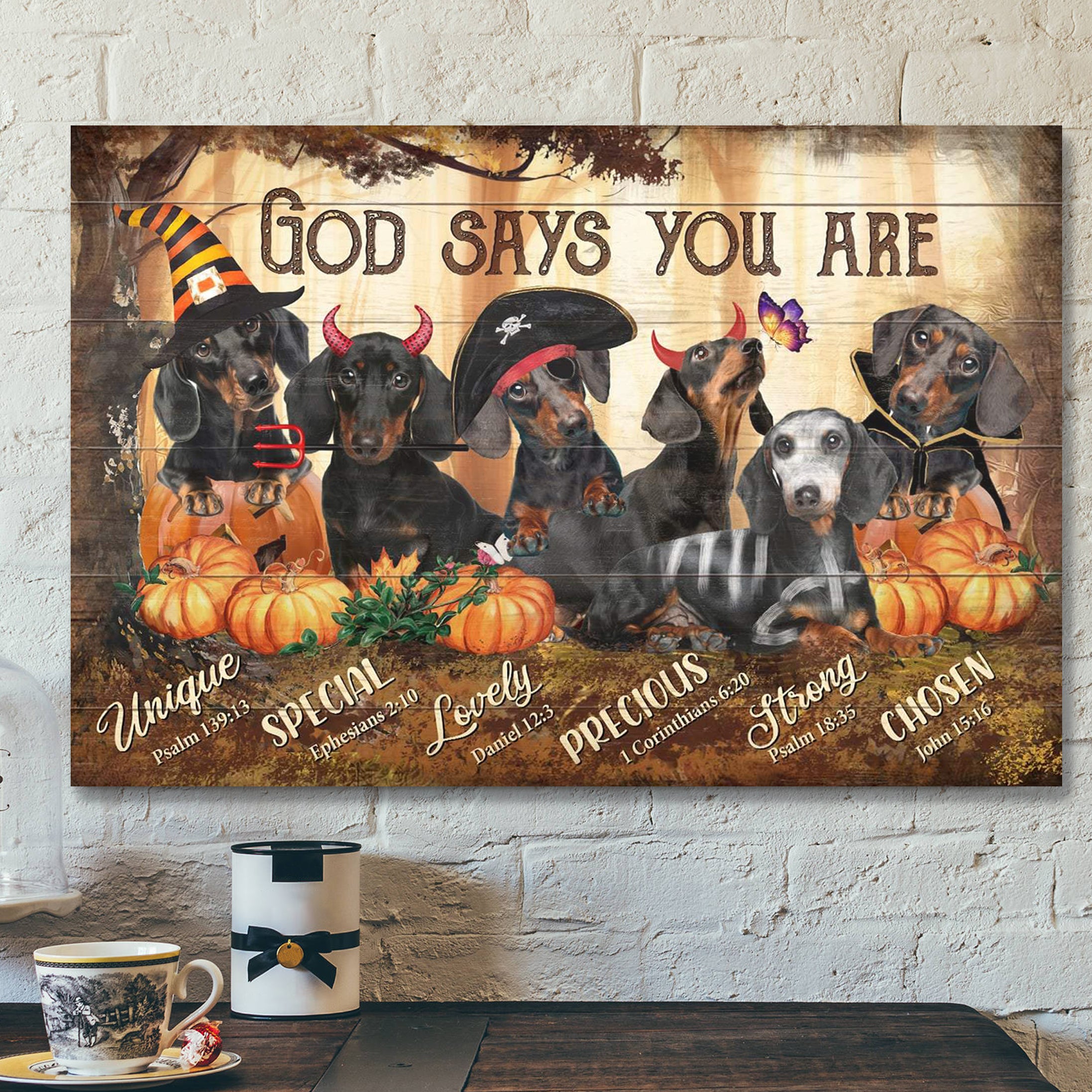 God Says You Are – Dachshunds In Halloween Costumes Canvas Wall Art – Bible Verse Canvas