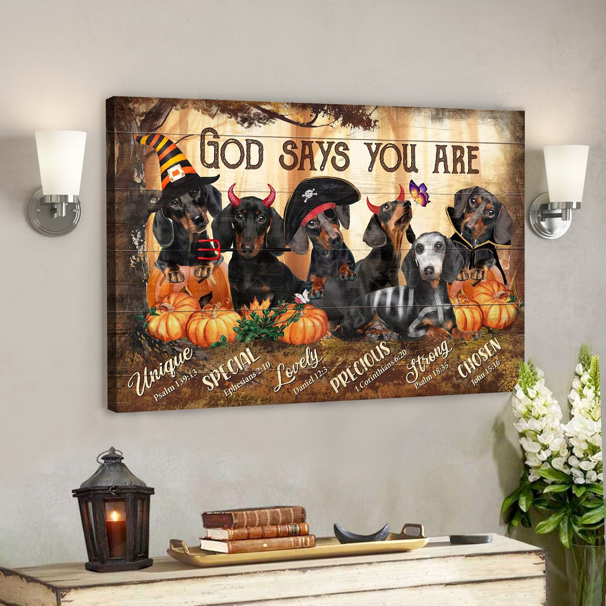 God Says You Are – Dachshunds In Halloween Costumes Canvas Wall Art – Bible Verse Canvas