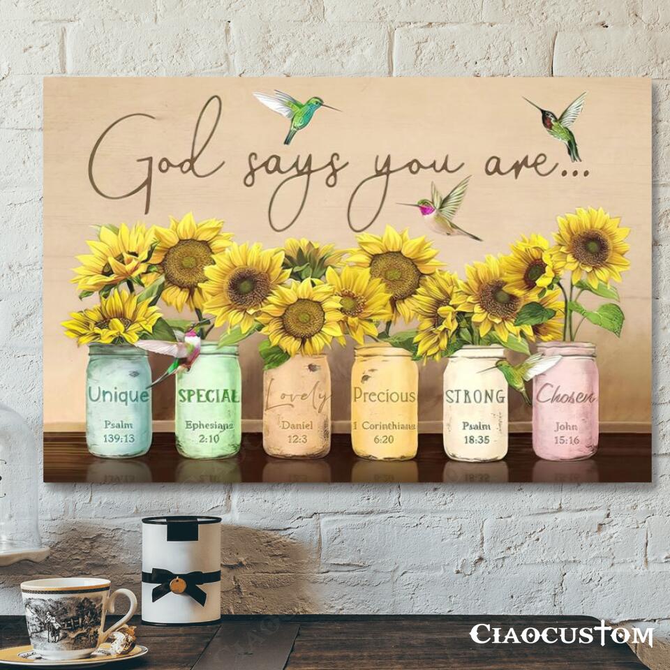 God Says You Are – Flowers And Hummingbirds – Jesus Canvas Wall Art – Bible Verse Canvas – Christian Canvas Wall Art