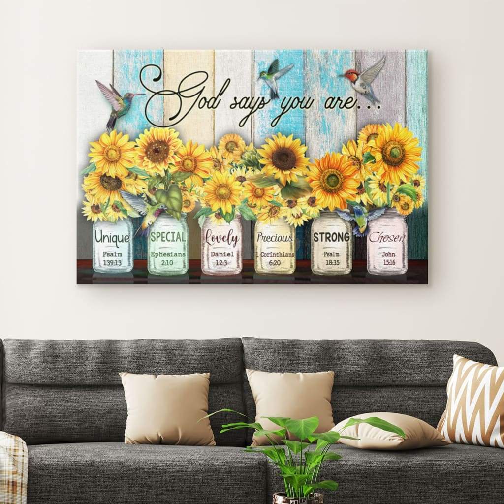 God Says You Are Hummingbird Sunflower Christian Wall Art Canvas – Religious Wall Decor