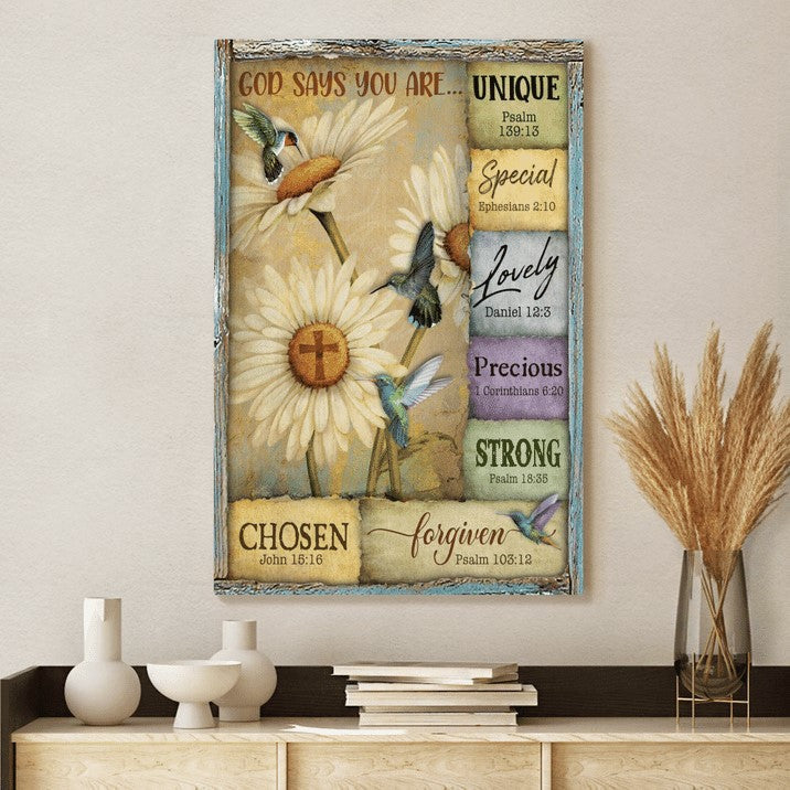 God Says You Are Hummingbirds Daisy Canvas Posters – Christian Wall Posters – Religious Wall Decor