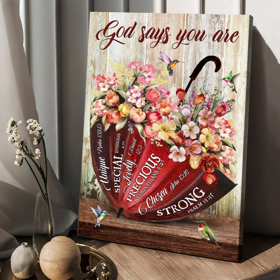 God Says You Are Unique Canvas – Flowers Red Umbrella Canvas Posters – Christian Wall Posters – Religious Wall Decor