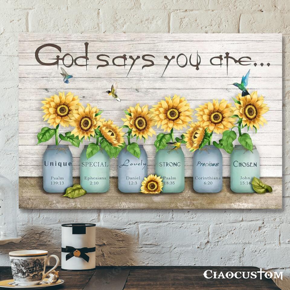 God Says You Are Unique – Sunflower – Hummingbird – Jesus Canvas Wall Art – Bible Verse Canvas – Christian Canvas Wall Art