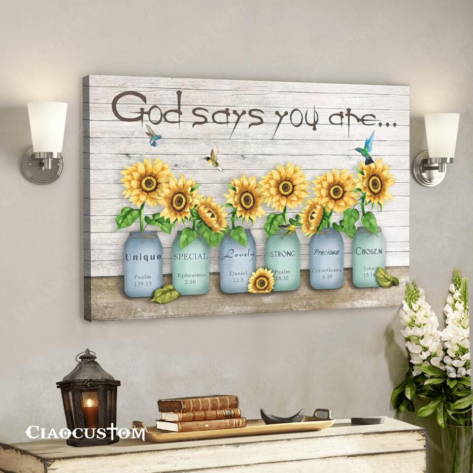 God Says You Are Unique – Sunflower – Hummingbird – Jesus Canvas Wall Art – Bible Verse Canvas – Christian Canvas Wall Art