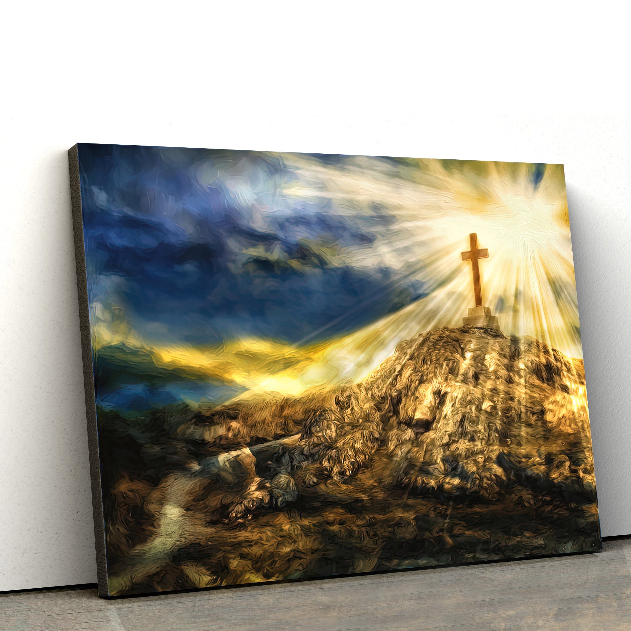 Golden Cross on the Hill Religious Canvas Wall Art – Christian Canvas Wall Decor – Religious Wall Art Canvas