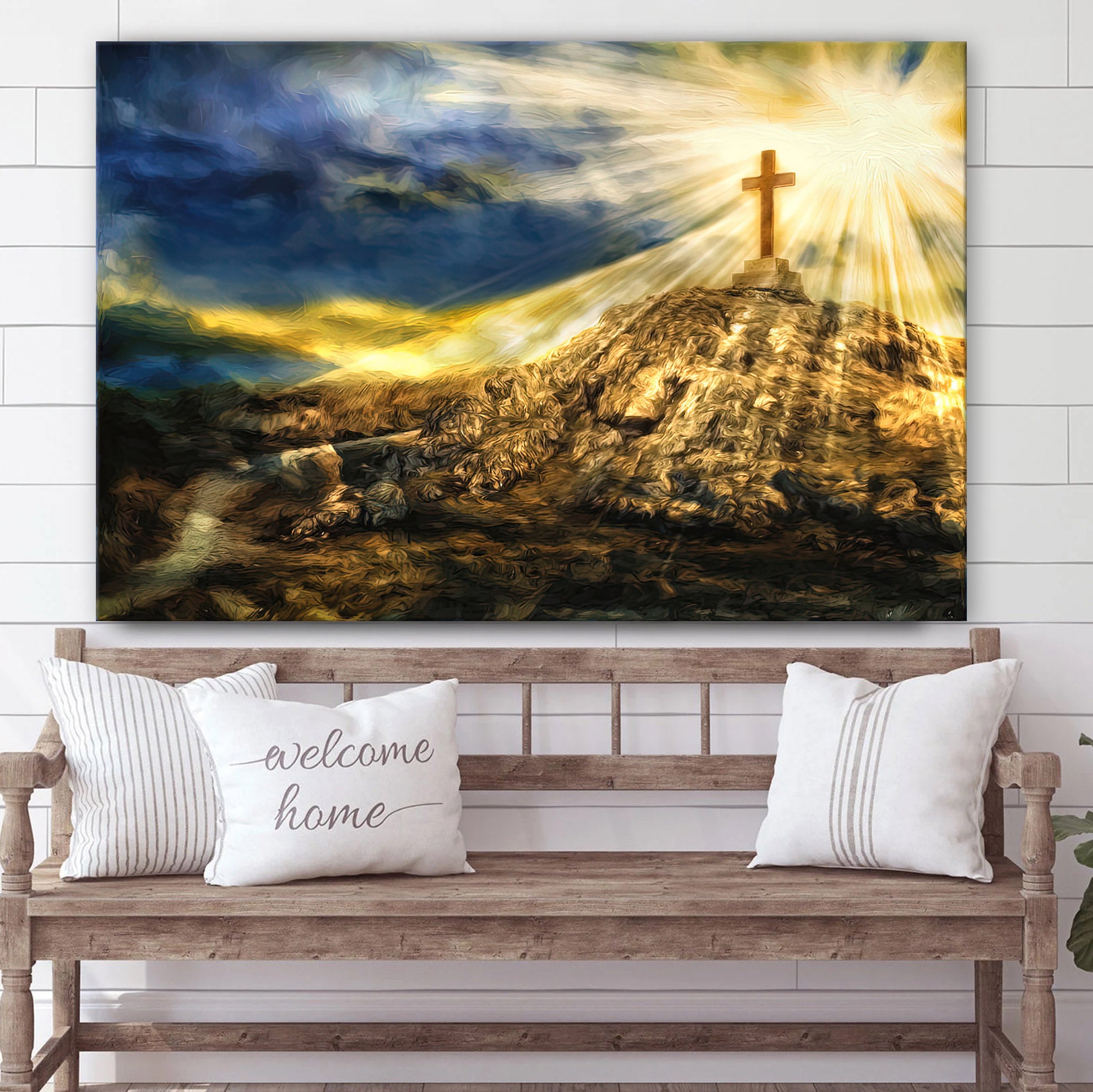 Golden Cross on the Hill Religious Canvas Wall Art – Christian Canvas Wall Decor – Religious Wall Art Canvas