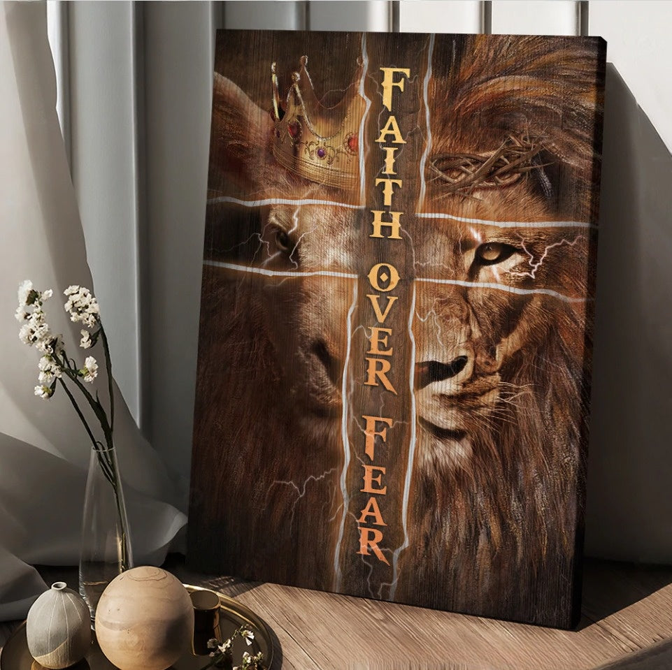 Golden Crown Lion King Cross Faith Over Fear Canvas Posters – Christian Wall Posters – Religious Wall Decor