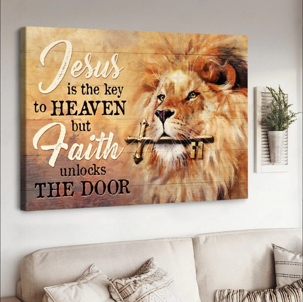 Golden Key Beautiful Lion Jesus Is The Key To Heaven Canvas Wall Art – Jesus Canvas Pictures – Christian Wall Posters