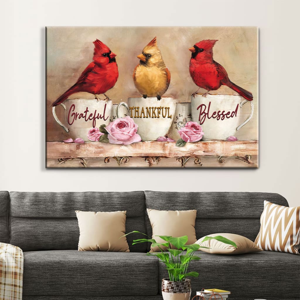 Grateful Thankful Blessed Wall Art Canvas, Cardinal Christian Wall Decor, Christian Gifts – Religious Wall Decor