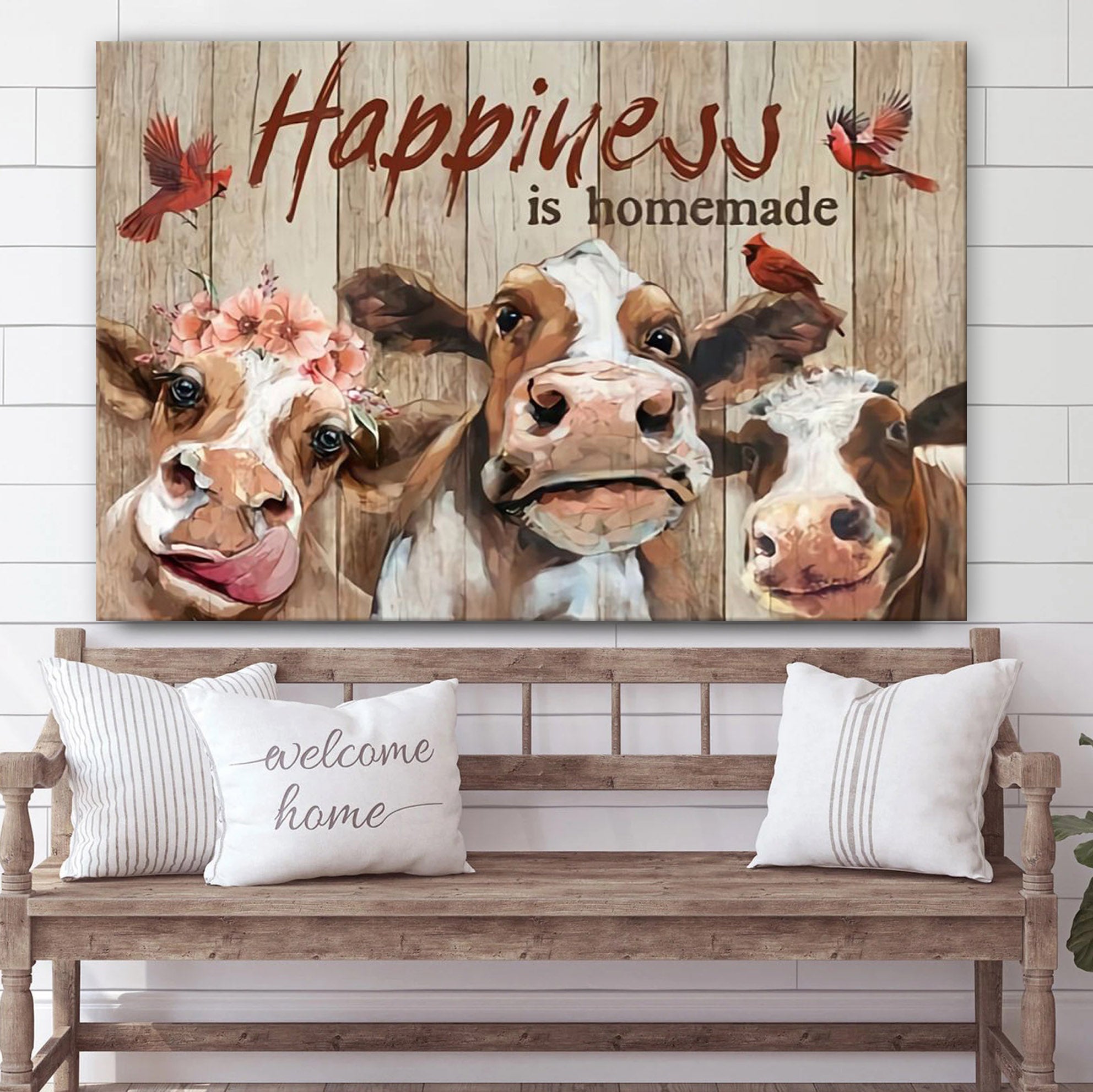 Happiness Is Homemade Cow Canvas Wall Art – Christian Canvas Wall Decor – Bible Verse Wall Art Canvas – Farmer Gift