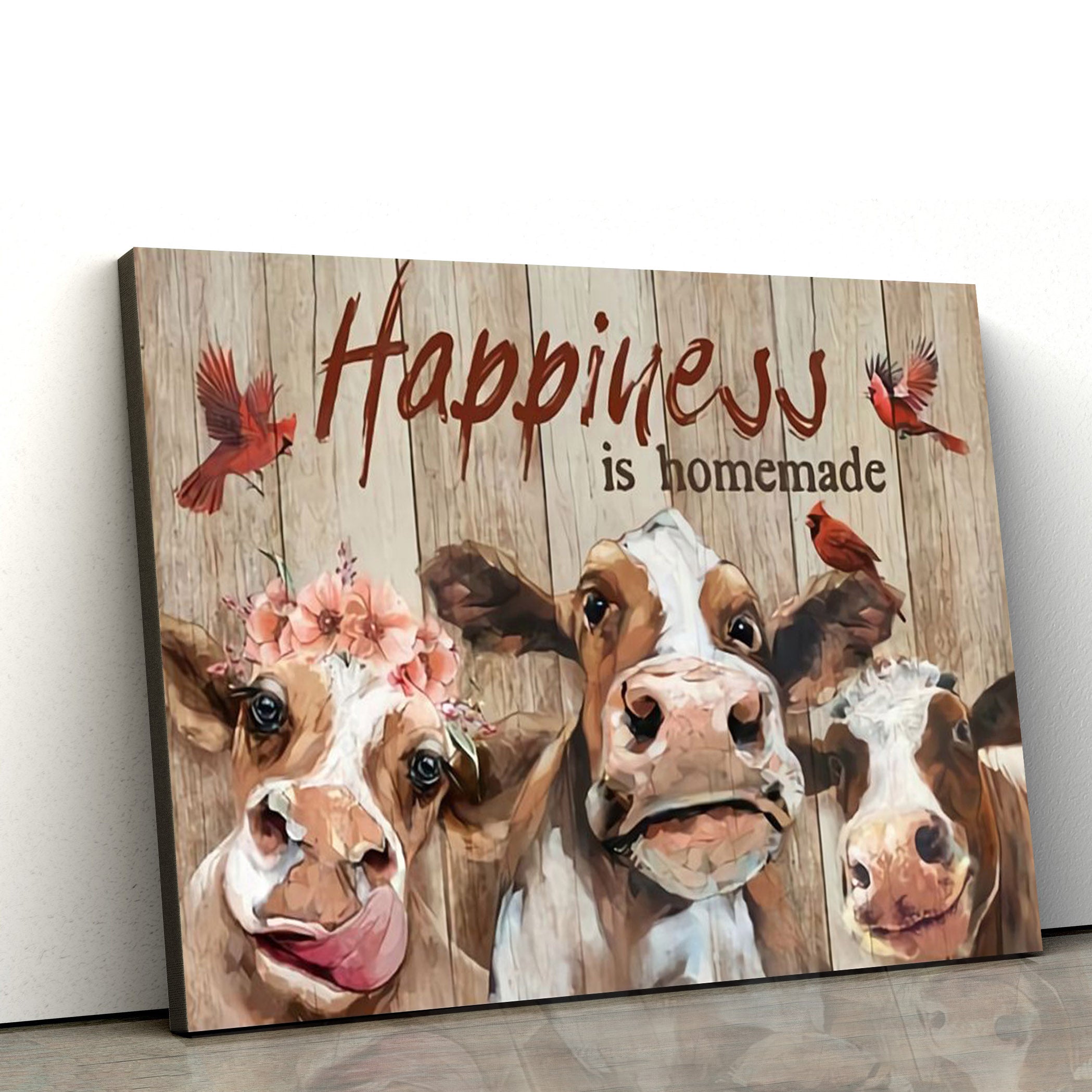 Happiness Is Homemade Cow Canvas Wall Art – Christian Canvas Wall Decor – Bible Verse Wall Art Canvas – Farmer Gift