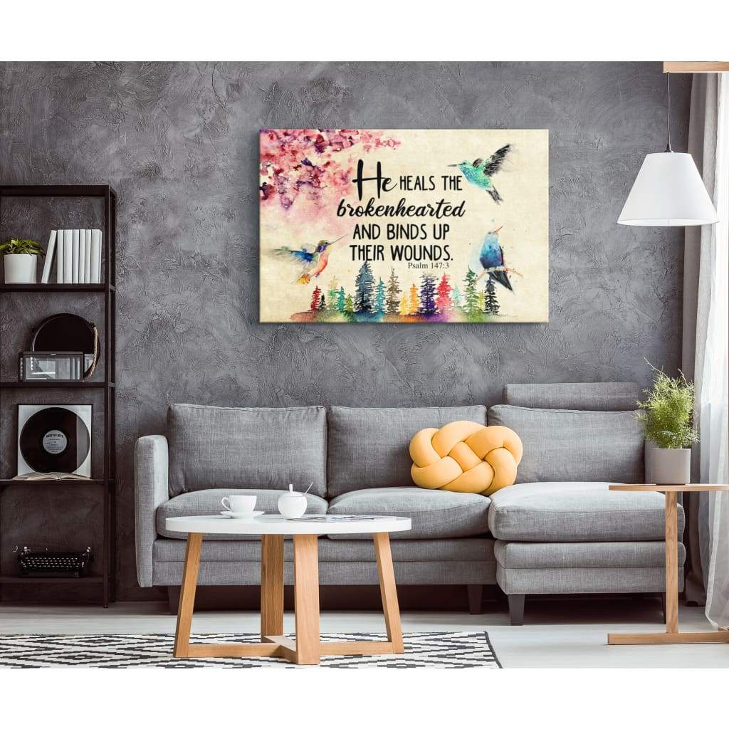 He Heals The Brokenhearted Psalm 1473 Bible Verse Wall Art Canvas – Religious Wall Decor