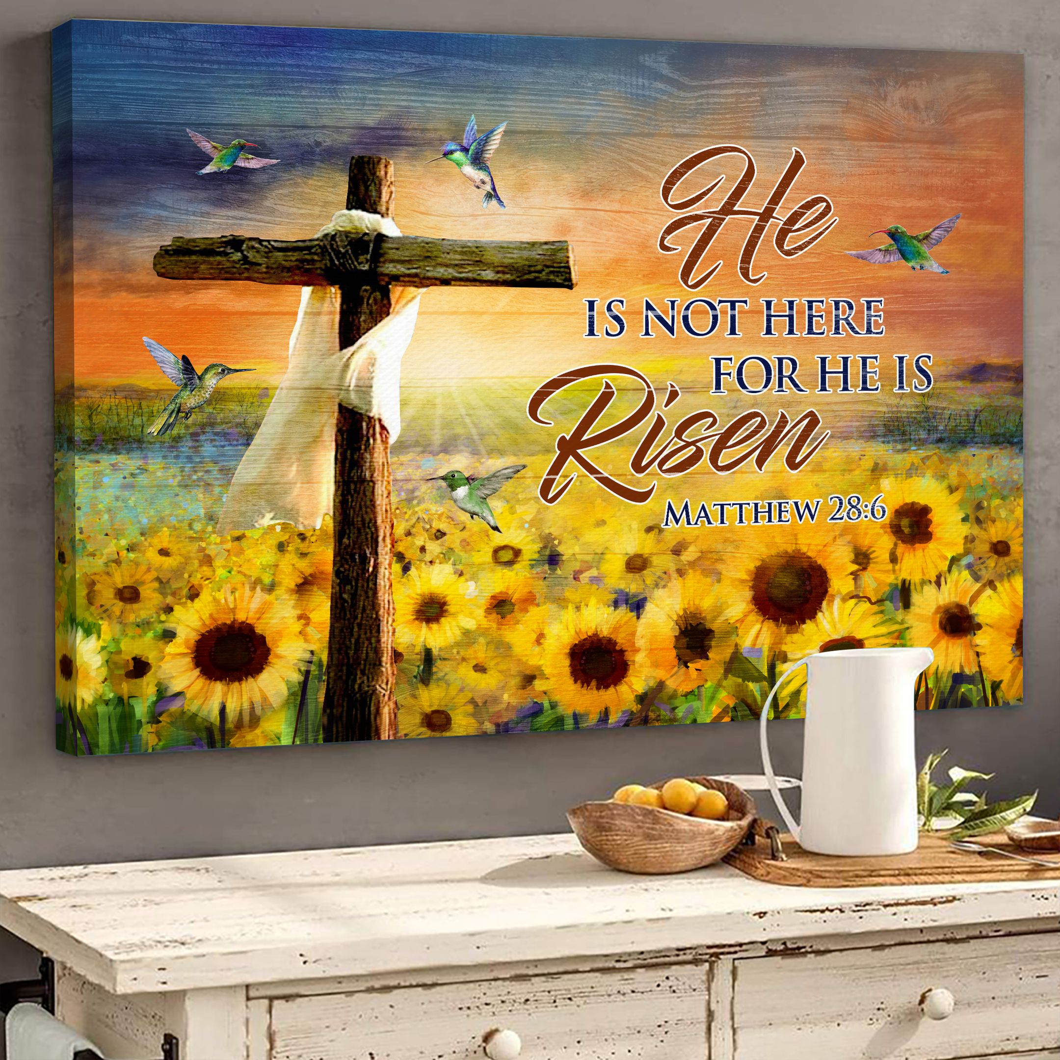 He Is Not Here For He Is Risen Cross Sunflower Field Canvas Wall Art – Christian Poster – Religious Wall Decor