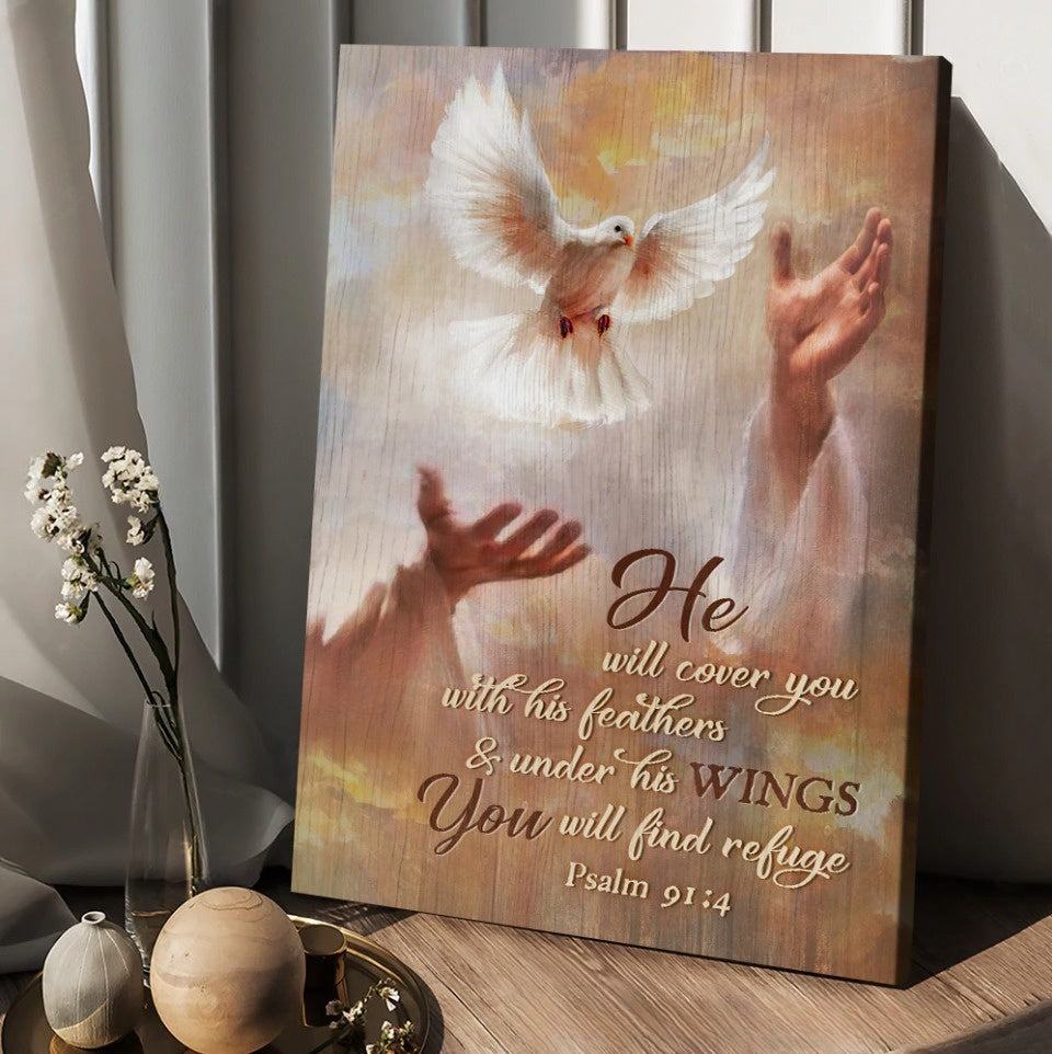 He Will Cover You With His Feathers Canvas – Beautiful Dove Drawing – Jesus’s Hand Canvas Posters – Christian Wall Posters – Religious Wall Decor