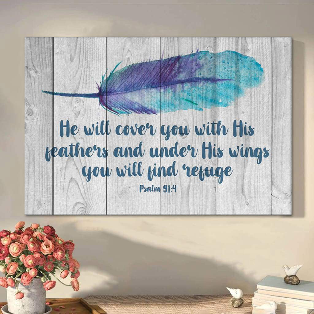 He Will Cover You With His Feathers Psalm 914 Bible Verse Wall Art Canvas – Christian Art Gift