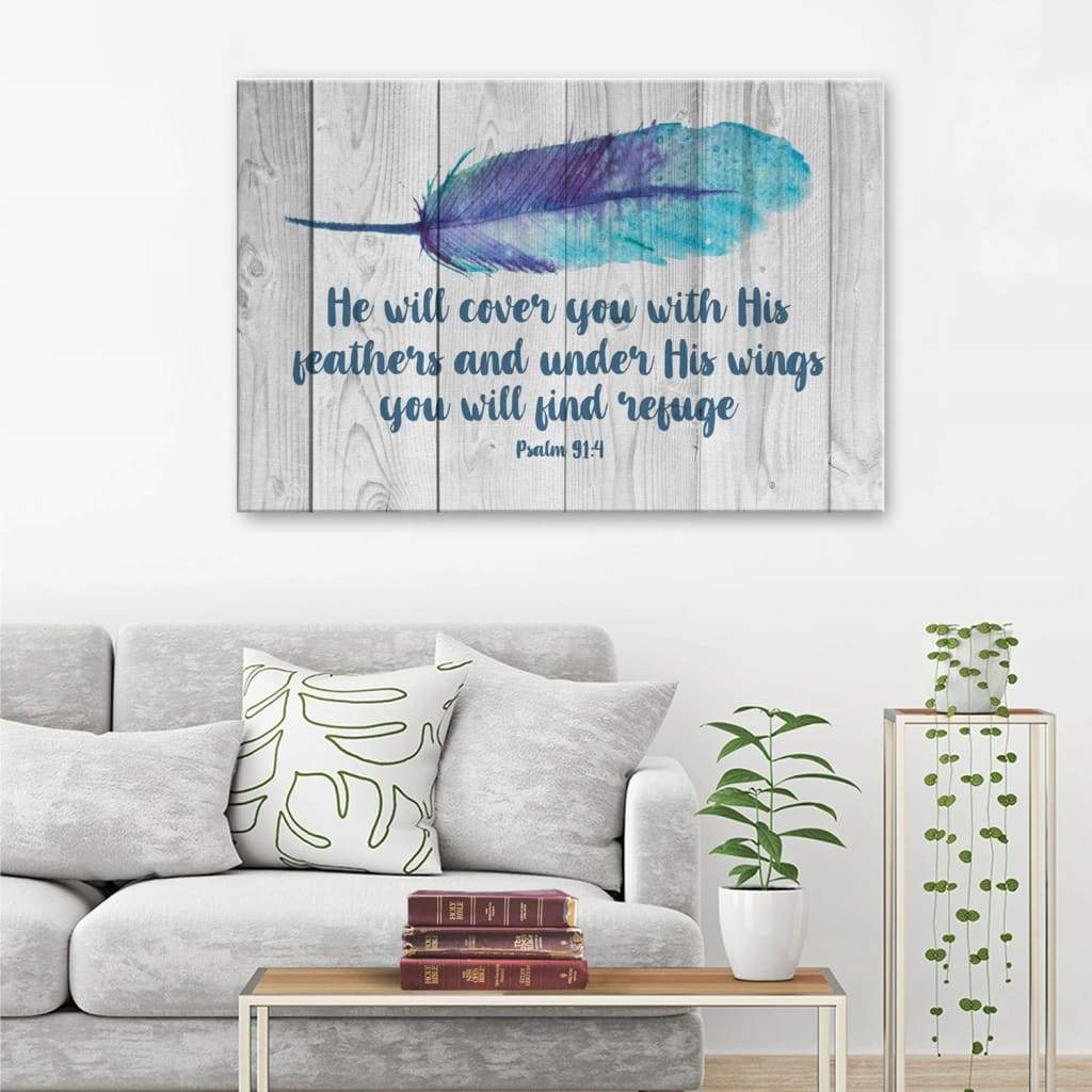 He Will Cover You With His Feathers Psalm 914 Bible Verse Wall Art Canvas – Religious Wall Decor