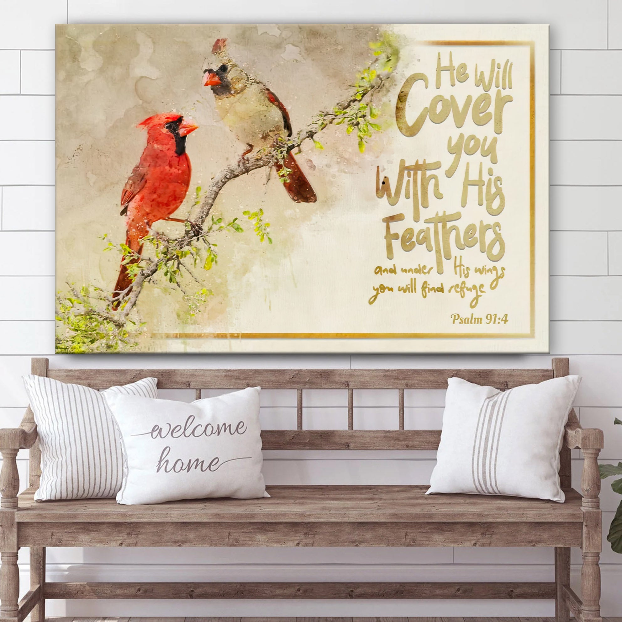 He Will Cover You With His Feathers Wall Art Canvas – Couple Cardinal Christian Decor