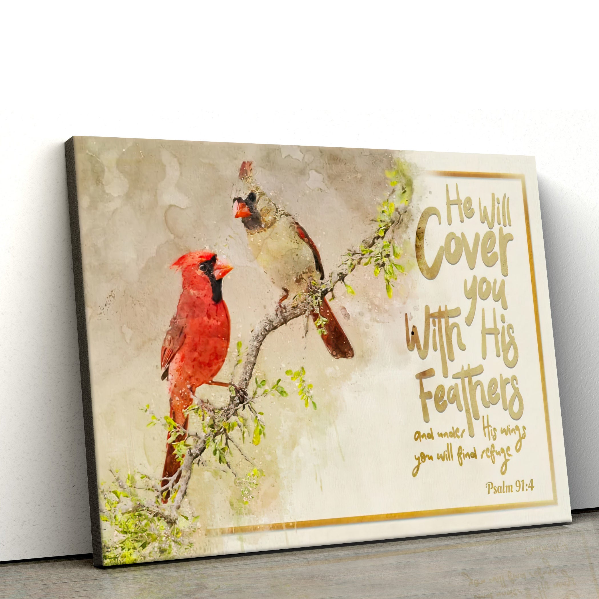 He Will Cover You With His Feathers Wall Art Canvas – Couple Cardinal Christian Decor