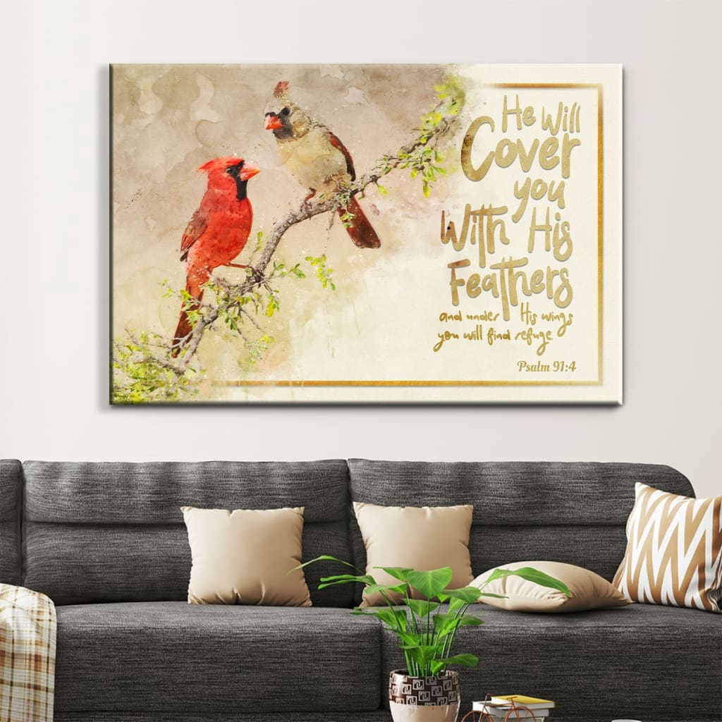 He Will Cover You With His Feathers Wall Art Canvas, Couple Cardinal Christian Wall Decor – Religious Wall Decor