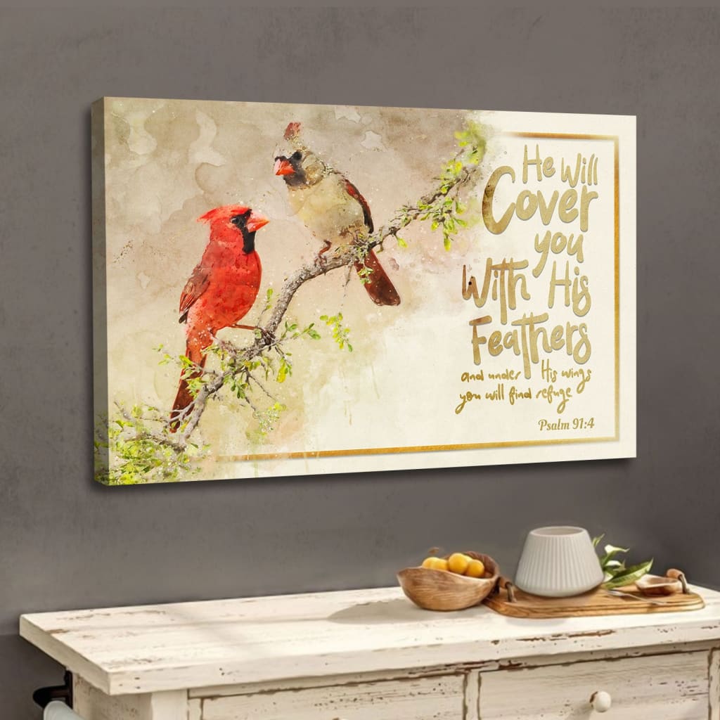 He Will Cover You With His Feathers Wall Art Canvas, Couple Cardinal Christian Wall Decor – Religious Wall Decor