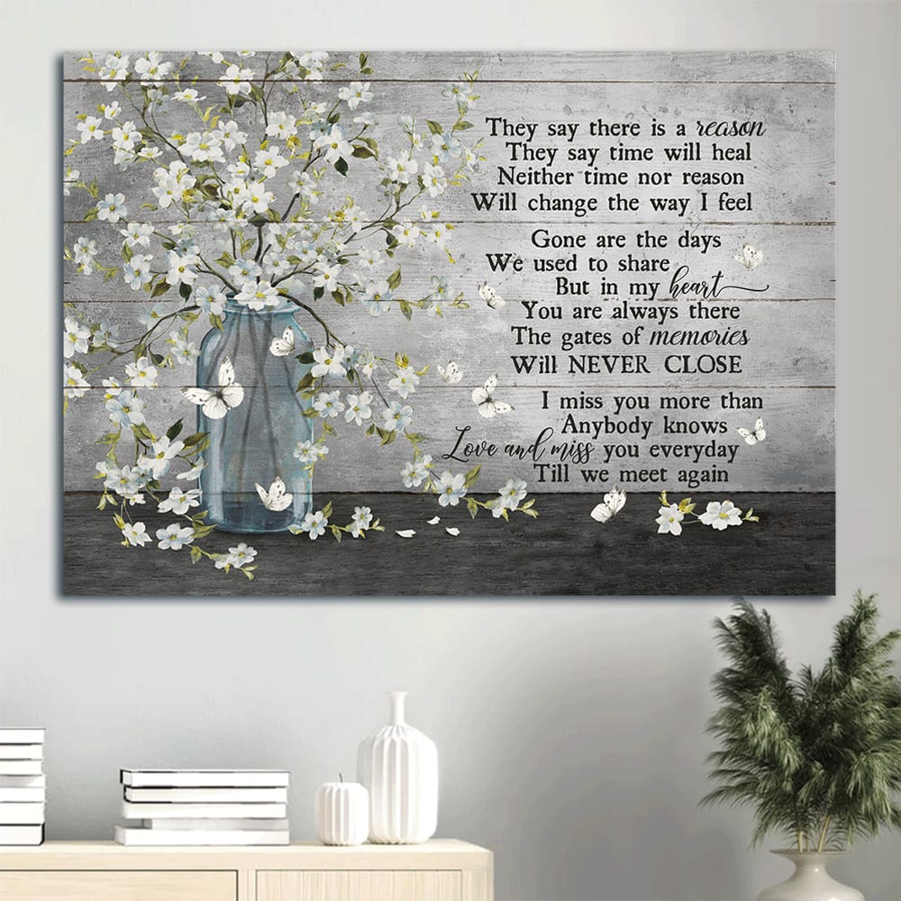 Heaven Beautiful White Flower Vase Subtle Background Memorial Gift For Family Members They Say Time Will Heal Canvas Wall Art – Christian Wall Decor