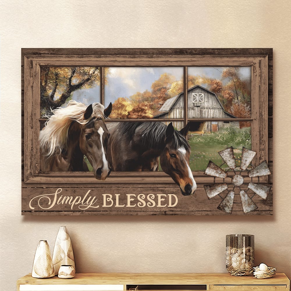 Horse Farm Simply Blessed Jesus Canvas Wall Art – Christian Poster – Religious Wall Decor