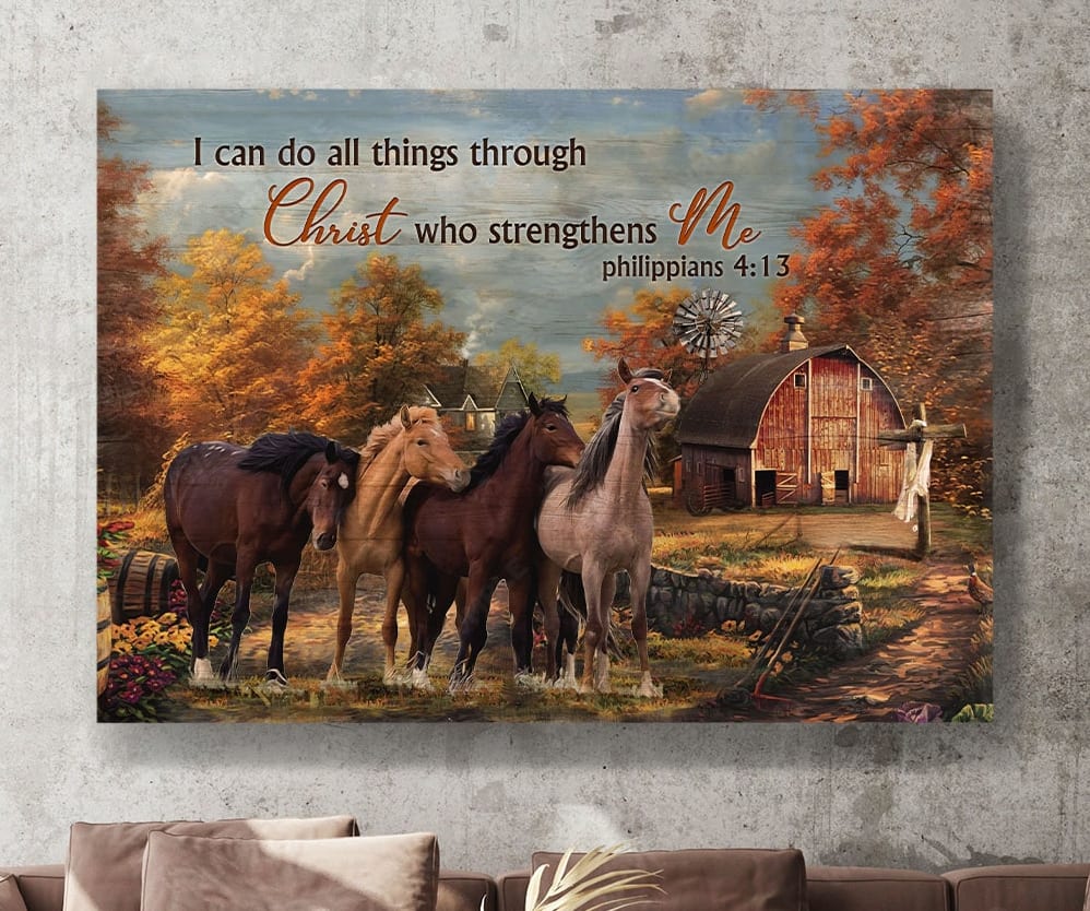 Horses Autumn Forest I Can Do All Things Through Christ Who Strengthens Me Canvas Wall Art – Christian Poster – Religious Wall Decor