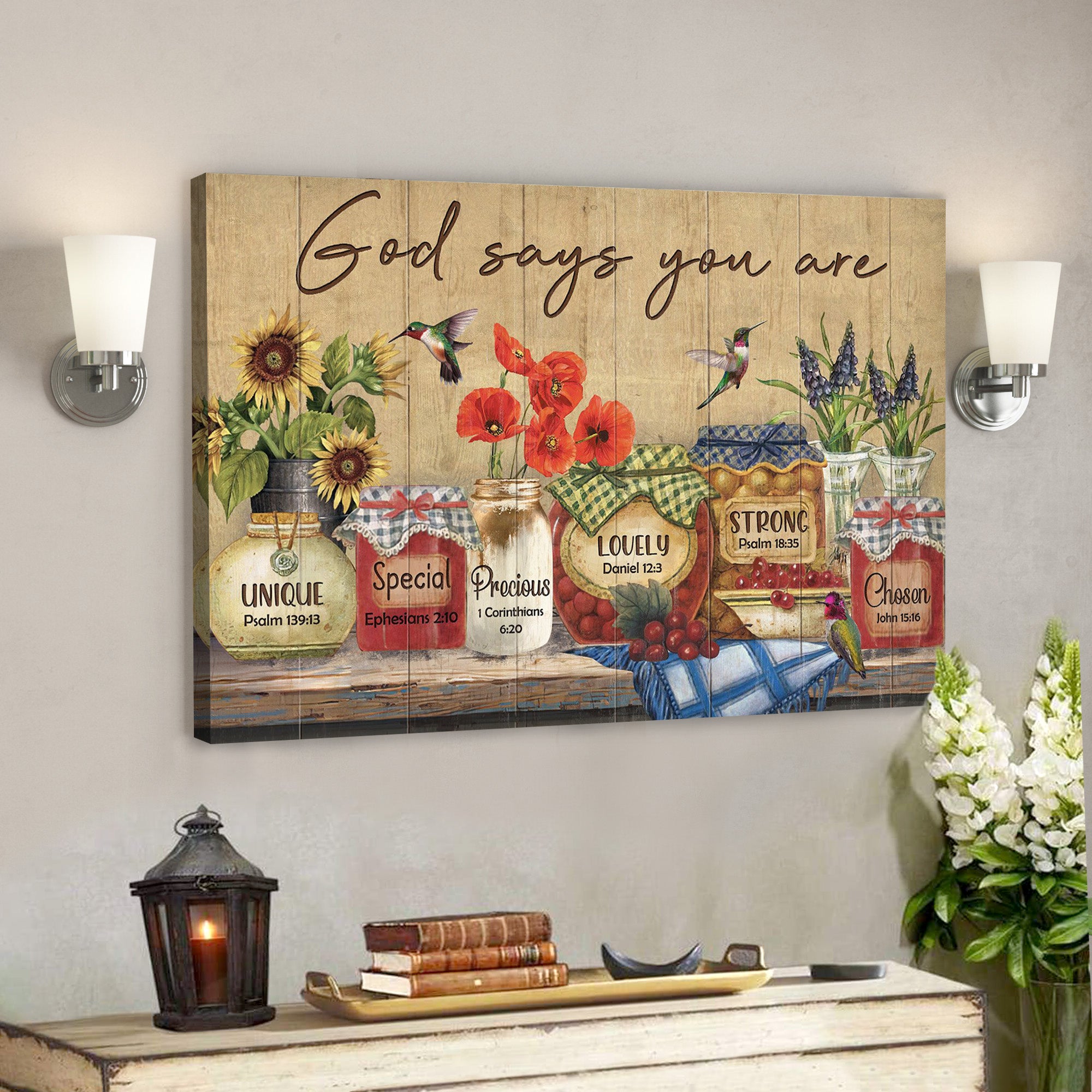 Hummingbird And Beautiful Jars – God Says You Are Canvas Wall Art – Bible Verse Canvas – Scripture Canvas Wall Art