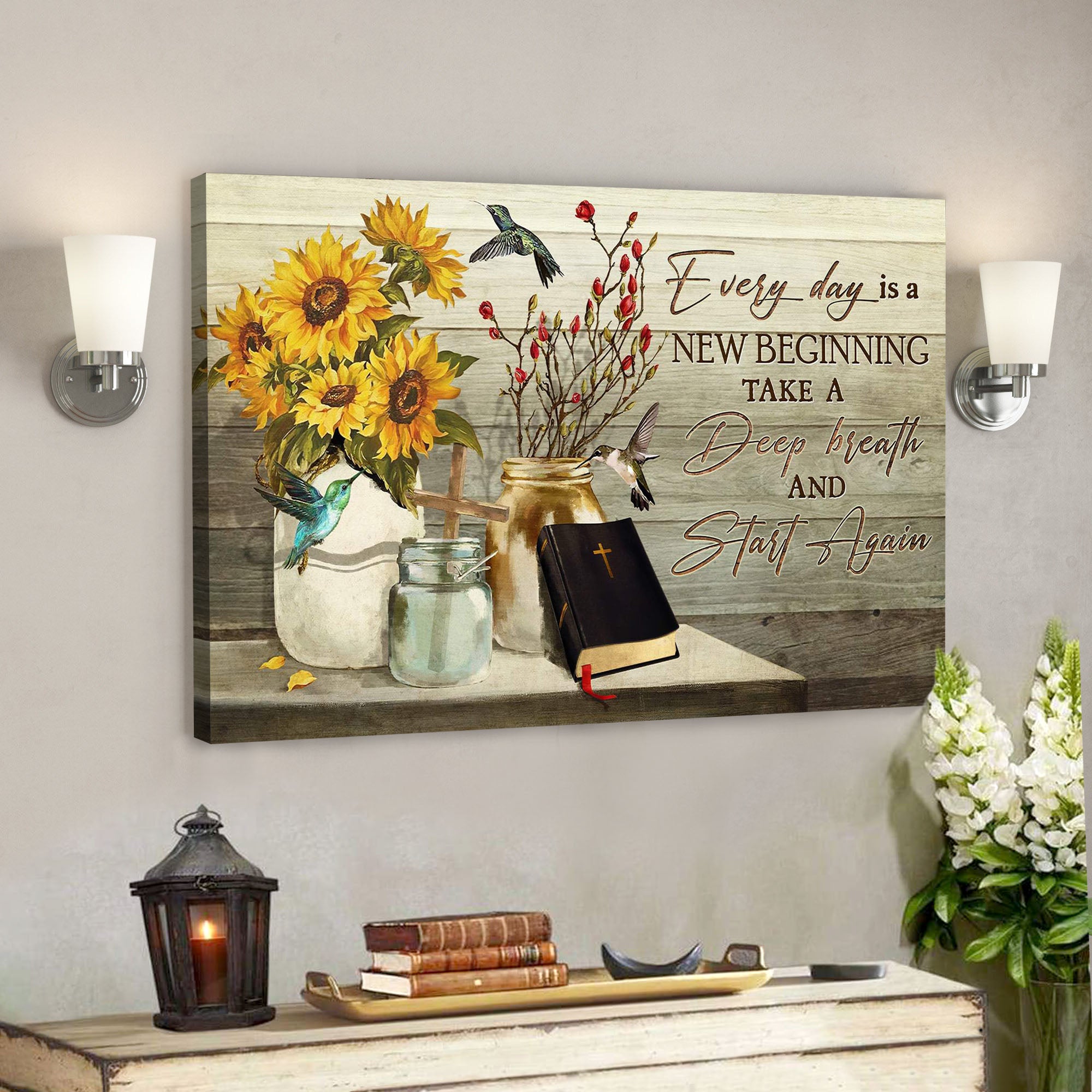 Hummingbird And Flower Jars – Every Day Is A New Beginning – Bible Verse Canvas – Scripture Canvas Wall Art