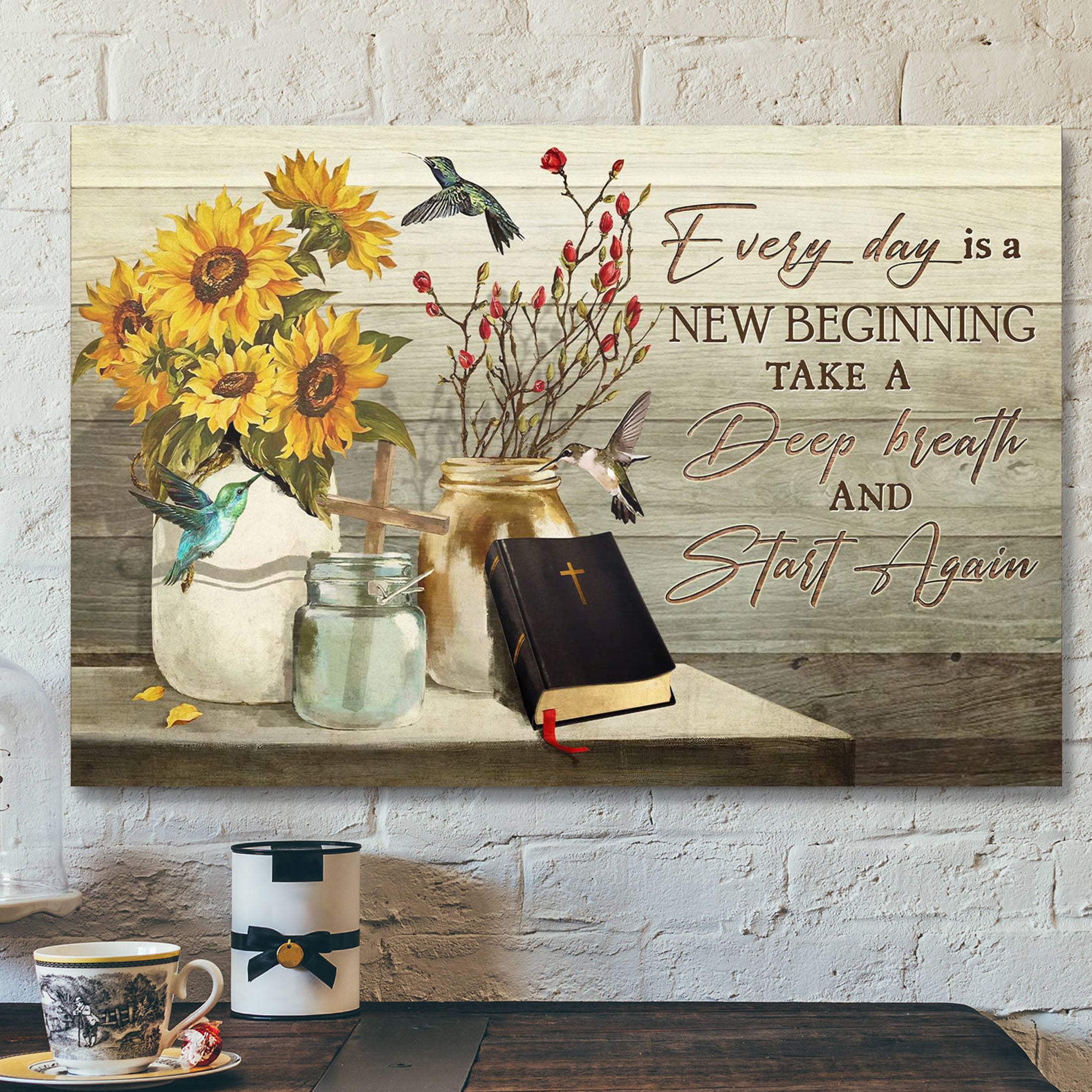 Hummingbird And Flower Jars – Every Day Is A New Beginning – Bible Verse Canvas – Scripture Canvas Wall Art