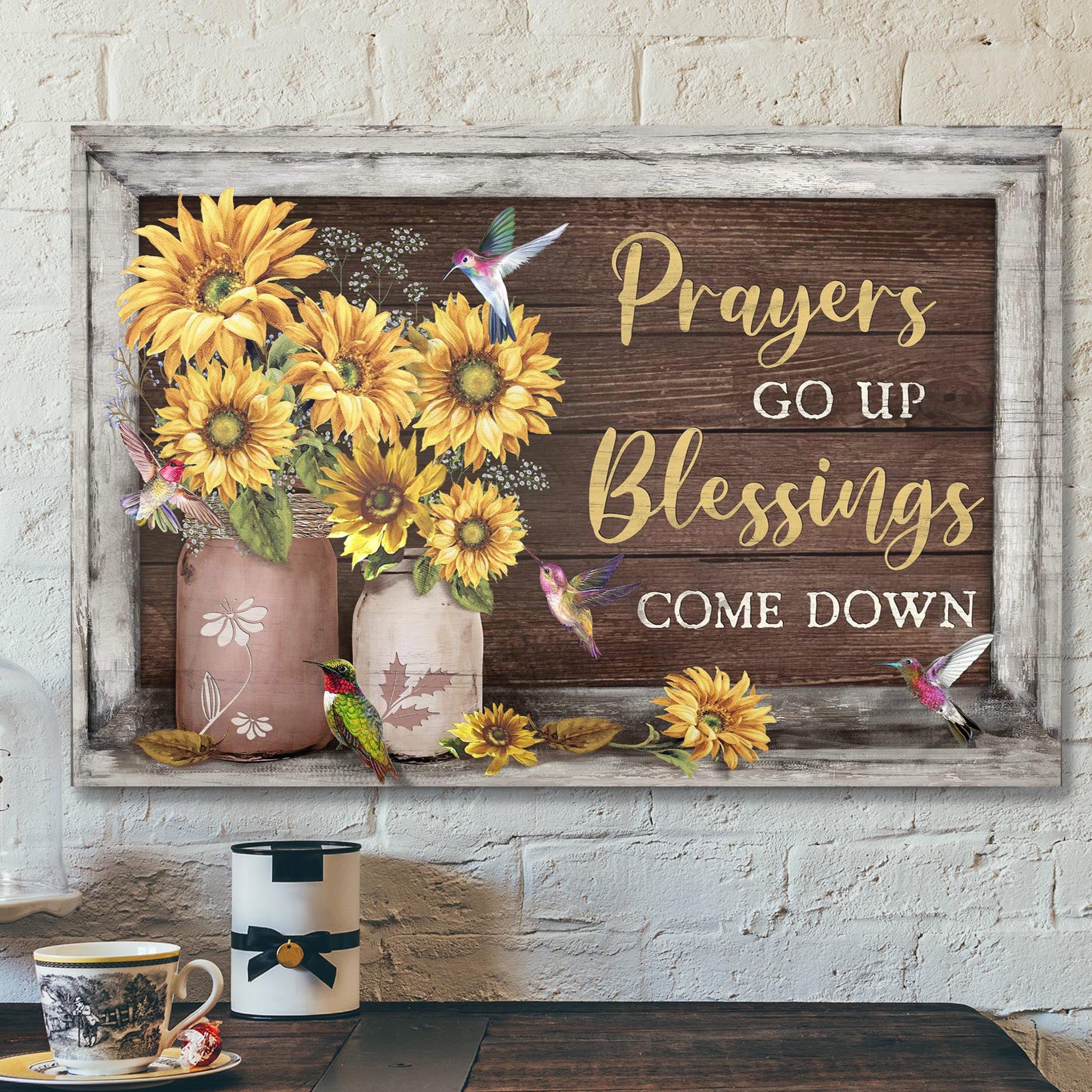 Hummingbird And Sunflower – Prayers Go Up Blessings Come Down Canvas Wall Art – Bible Verse Canvas