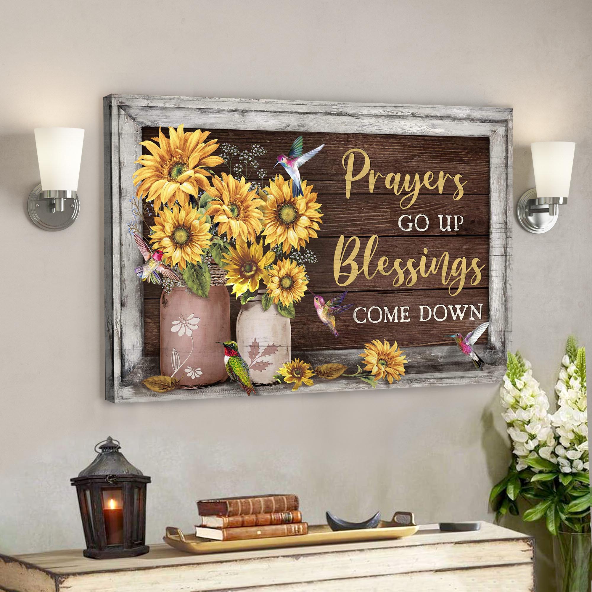 Hummingbird And Sunflower – Prayers Go Up Blessings Come Down Canvas Wall Art – Bible Verse Canvas