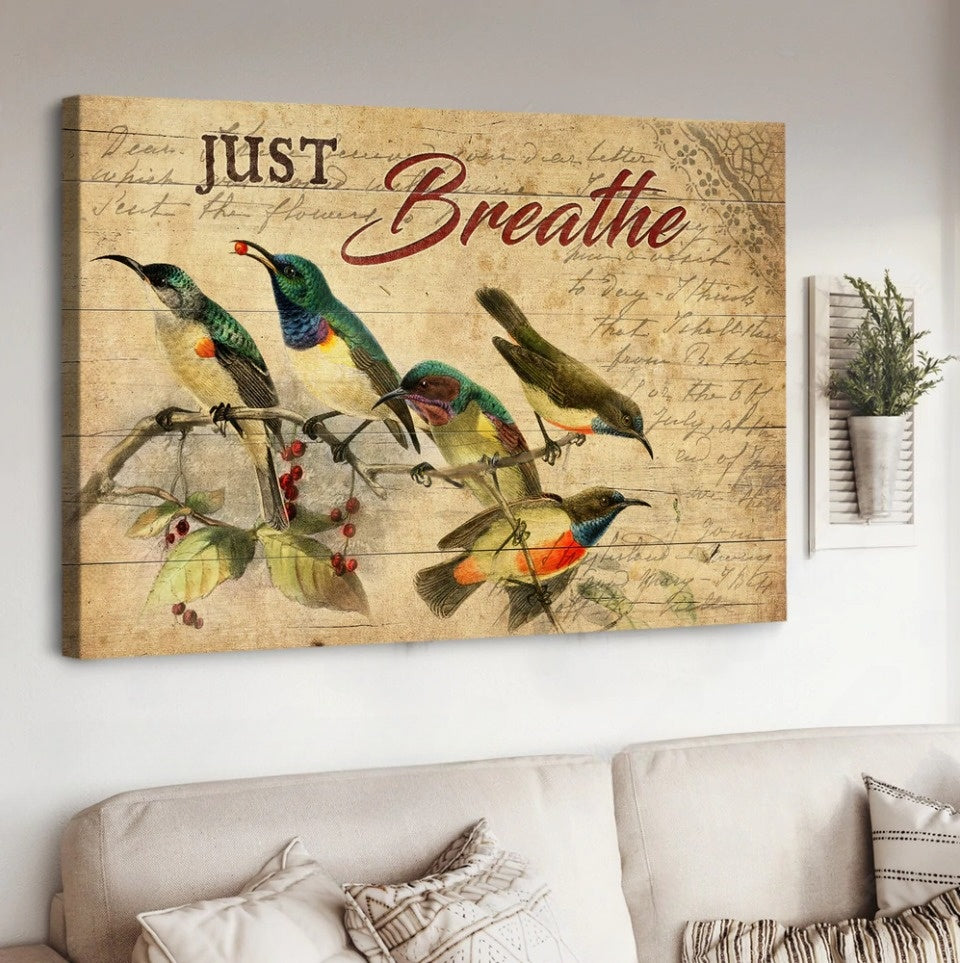 Hummingbird Cranberry Tree Just Breathe Canvas Wall Art – Christian Poster – Religious Wall Decor