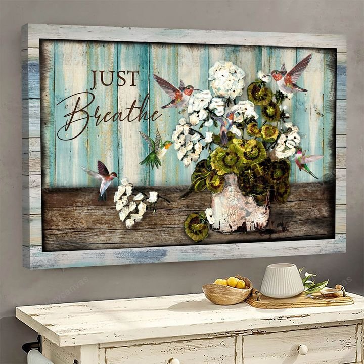 Hummingbird Flower Vase Jesus Just Breathe Canvas Wall Art – Christian Poster – Religious Wall Decor