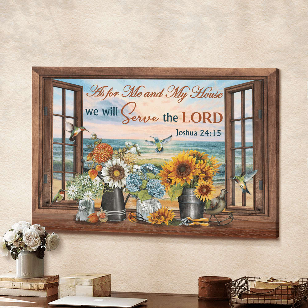 Hummingbird Flowers Beach We Will Serve The Lord Canvas Wall Art – Christian Poster – Religious Wall Decor