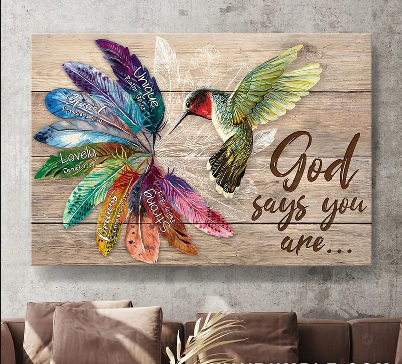 Hummingbird God Says You Are Rainbow Feathers Canvas Wall Art – Christian Poster – Religious Wall Decor