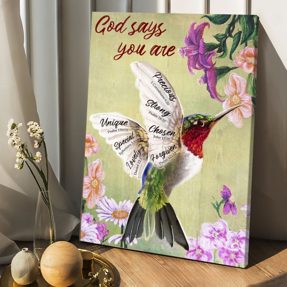 Hummingbird Painting Flowers God Says You Are Canvas Posters – Christian Wall Posters – Religious Wall Decor