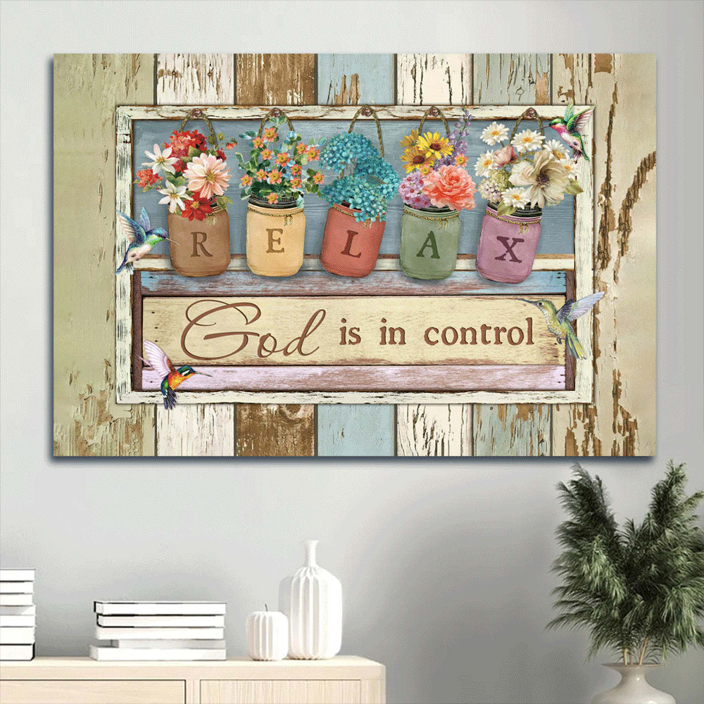 Hummingbirds Watercolor Flower Jars God Is In Control Canvas Wall Art – Christian Wall Decor