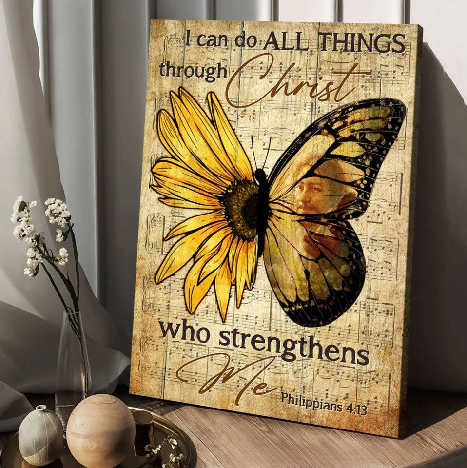 I Can Do All Things Through Christ Canvas – Butterfly Sunflower Pattern Painting Canvas Posters – Christian Wall Posters – Religious Wall Decor