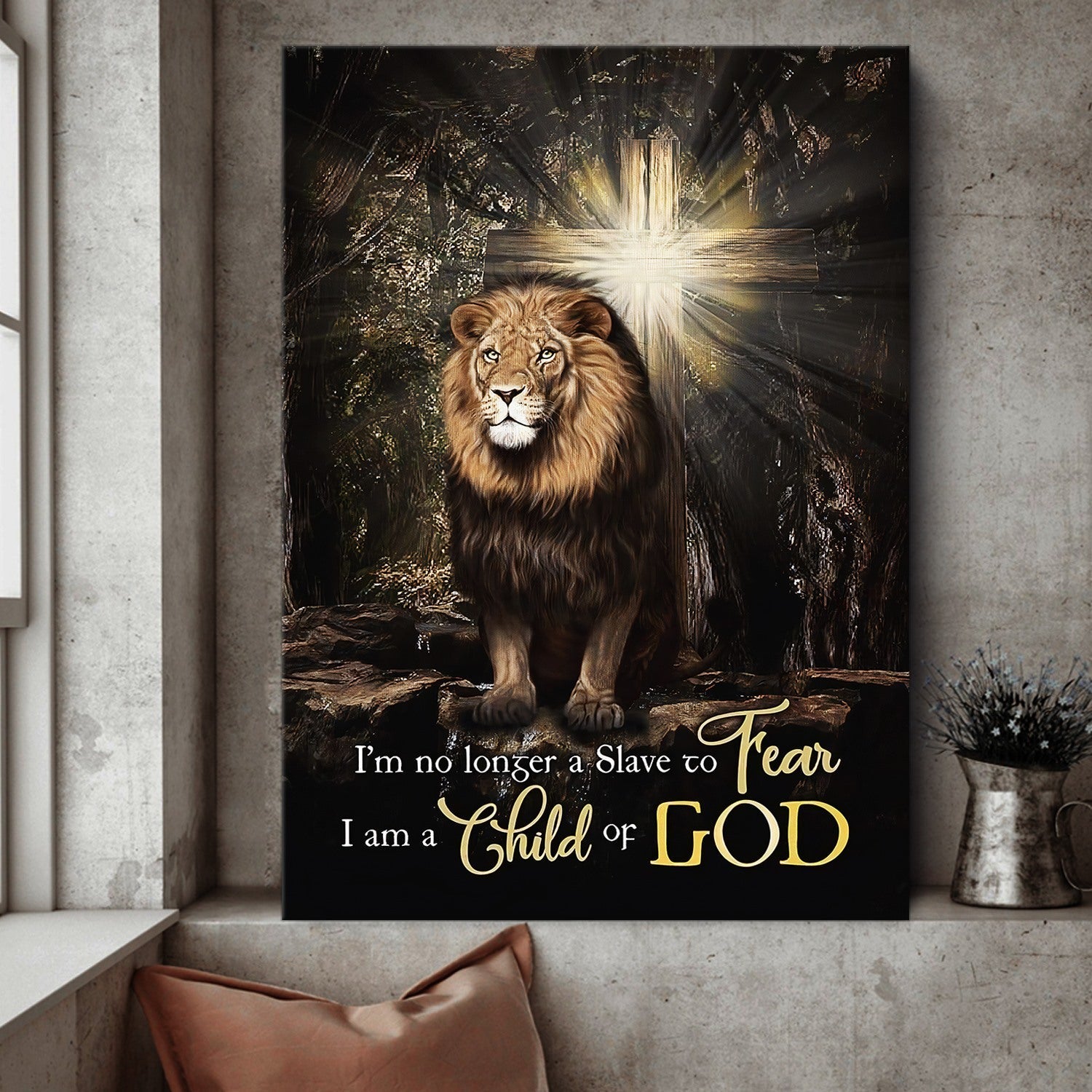 I’m No Longer A Slave To Fear Jesus Lion Cross Canvas Posters – Christian Wall Posters – Religious Wall Decor