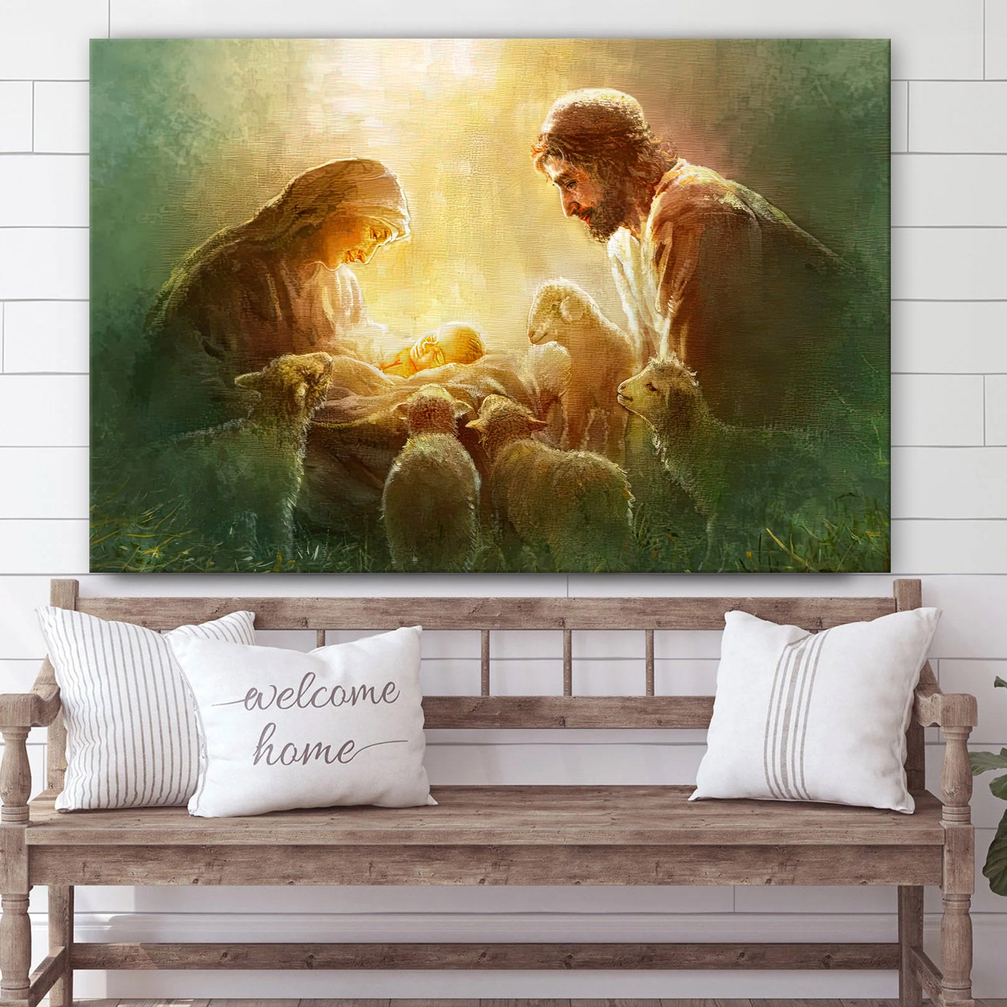 Immanuel Canvas Wall Art – Mary, Joseph and Lambs Canvas Poster – Jesus Christ Canvas – Christian Wall Decor