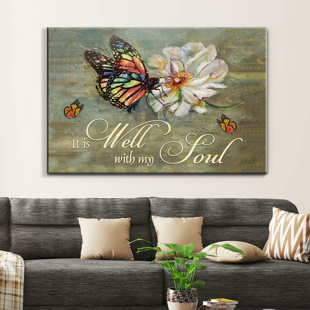 It Is Well With My Soul Wall Art Canvas, Butterfly Flowers Christian Wall Art Canvas – Religious Wall Decor