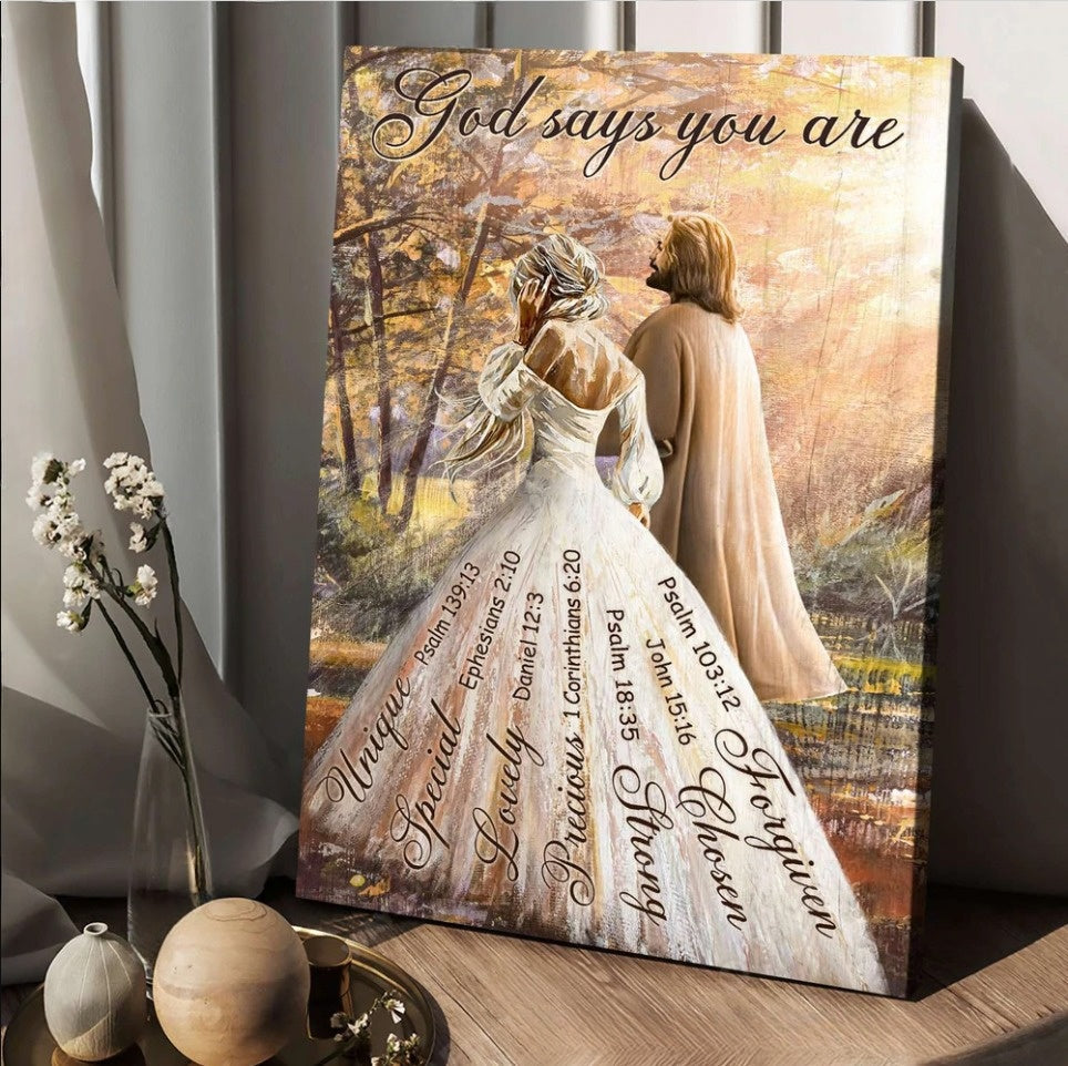 Jesus And Beautiful Girl Walking With Jesus God Says You Are Canvas Posters – Christian Wall Posters – Religious Wall Decor