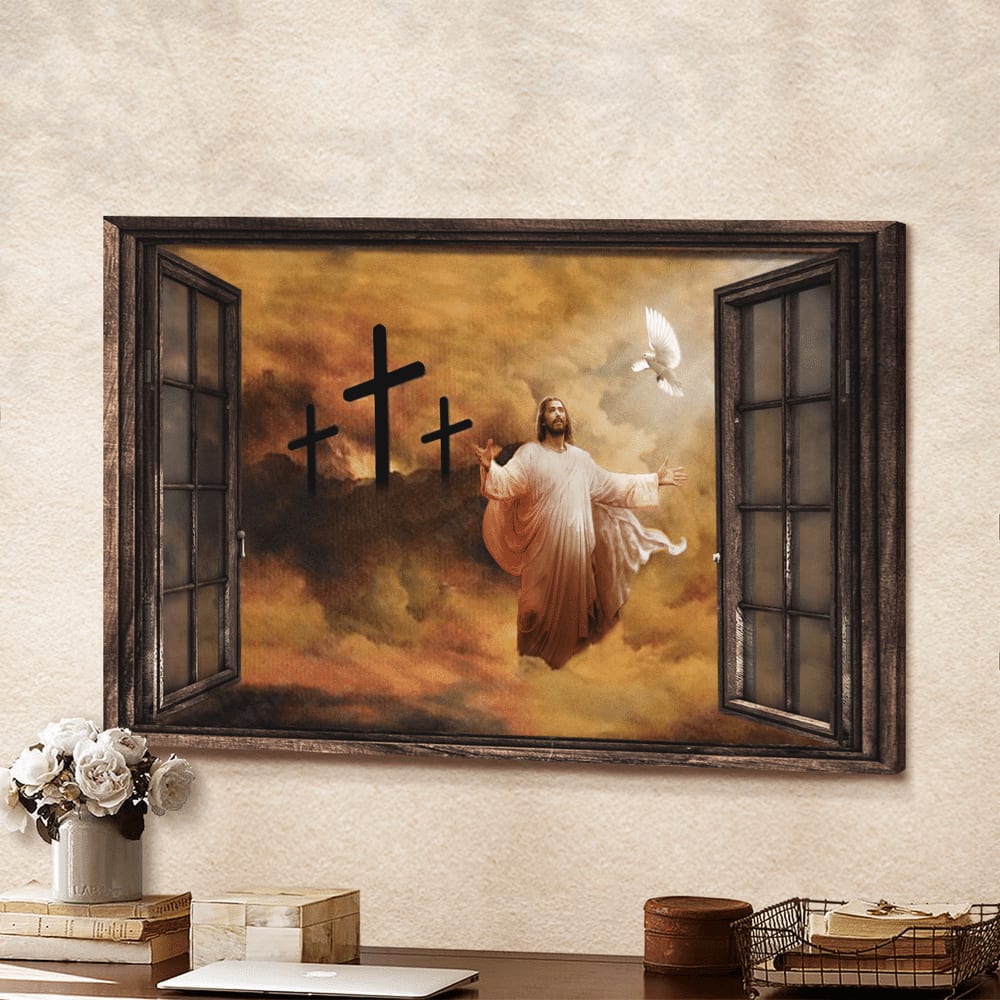 Jesus And Dove The Rugged Cross Heaven’s Lights Canvas Wall Art – Jesus Canvas Pictures – Christian Wall Posters