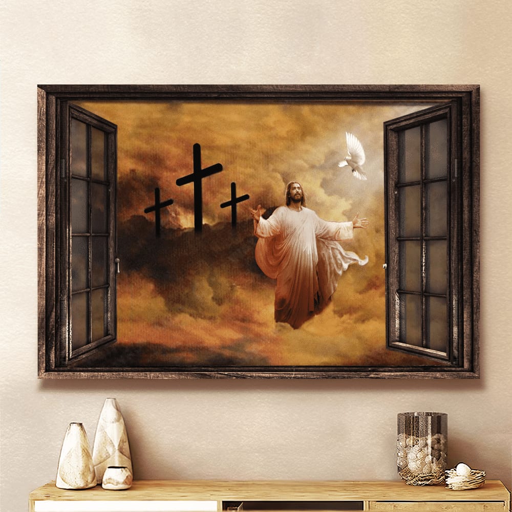 Jesus And Dove The Rugged Cross Heaven’s Lights Canvas Wall Art – Jesus Canvas Pictures – Christian Wall Posters